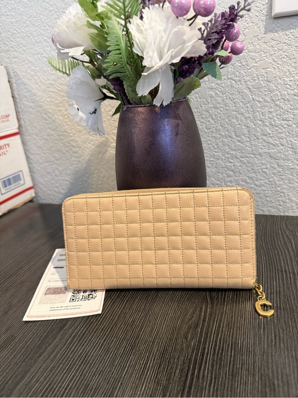 Chloe’ cream quilted leather, long zippy wallet. COA included.